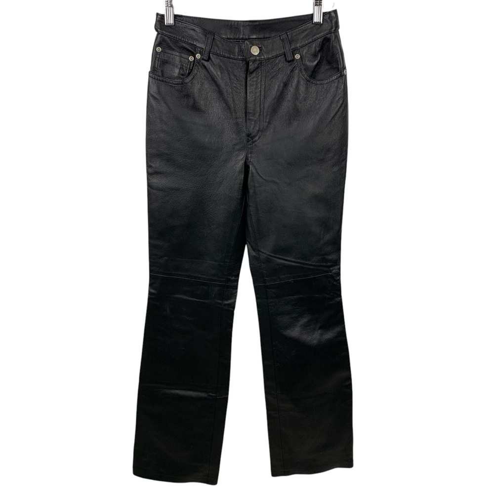 Vintage Newport News Black Leather High Rise Boot Cut Pants sz 4 Trousers Moto